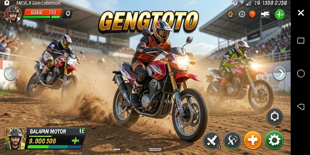 Screenshot GENGTOTO menampilkan aksi balapan motor yang seru.