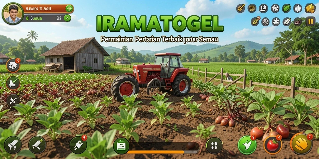 Screenshot gameplay menunjukkan ladang yang subur dan hewan-hewan yang terawat.