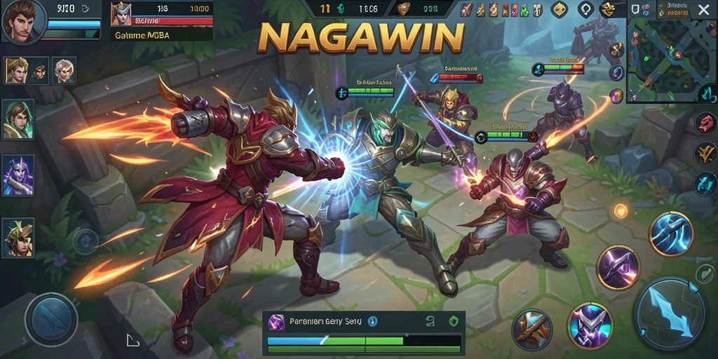 Screenshot NAGAWIN yang menunjukkan aksi pertarungan seru dari tim MOBA.