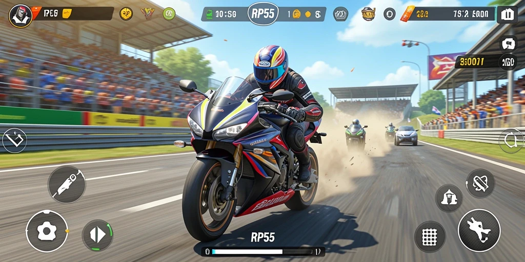 Screenshot RP55 menunjukkan momen intens balapan motor di jalur yang menantang.